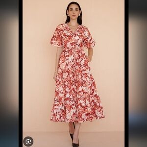 Floral Midi Dress in Red and Cream